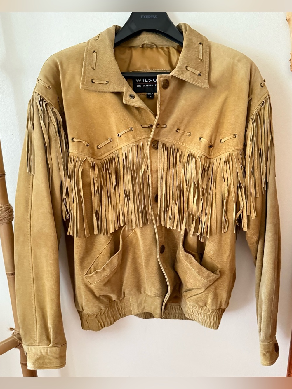 Vtg 80s Wilsons Tan Leather Fringe Western Jacket-Boho Biker Rockabilly Bomber